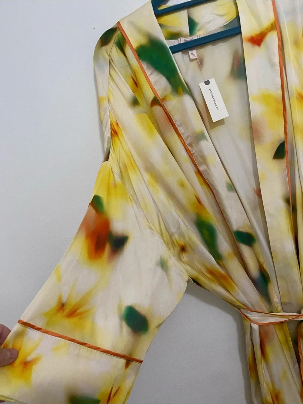 Anthropologie Cream Floral Tie-Waist Robe with Yellow & Green lyrebird